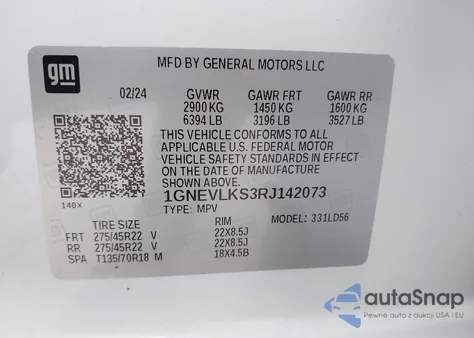 2024 Chevrolet Traverse Awd Rs z USA, uszkodzony, nr VIN 1GNEVLKS3RJ142073